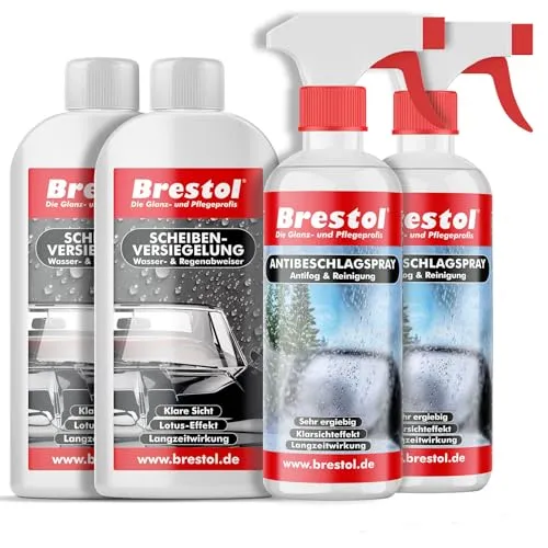 Brestol® Antibeschlagspray + Scheibenversiegelung Set2 (2X 250 ml + 2X 300 ml)- Wasserabweiser Regenabweiser Antifog Antibeschlag Abperleffekt Abperl-Effekt Nano Klarsichtspray Antibeschlagmittel