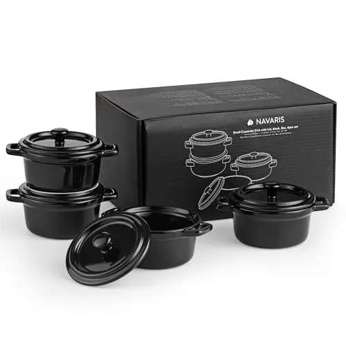 Navaris Mini Cocotte 4er Set - Ofenfeste Mini Auflaufform mit Deckel - Auflaufformen aus hochwertiger, bleifreier Keramik - ideal für stilvolle Einzelportionen von Lasagne, Pudding und mehr. Praktisches Design mit Deckel für perfekte Lagerung und Servieren.