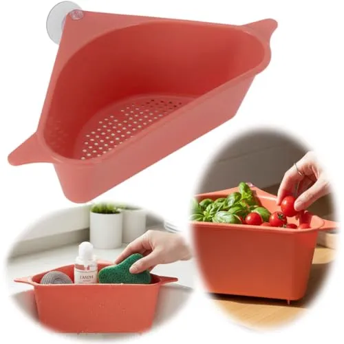 LS-LebenStil Spülbecken Organizer 28cm Koralle Dreieck Abtropfsieb mit Saugnapf Schwammhalter Abflusskorb Dreicksieb Ecksieb Eckspüle Spülbecken Küchenspüle Waschbecken