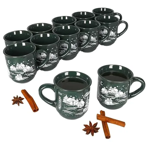 12x Glühweinbecher 0,2L grün mit Weihnachtslandschaft - Hochwertige Keramik Glühweinbecher für 200 ml, ideal für gemütliche Adventsabende oder Weihnachtsmärkte. Spülmaschinen- und mikrowellengeeignet, perfekt zum Servieren von Heißgetränken.