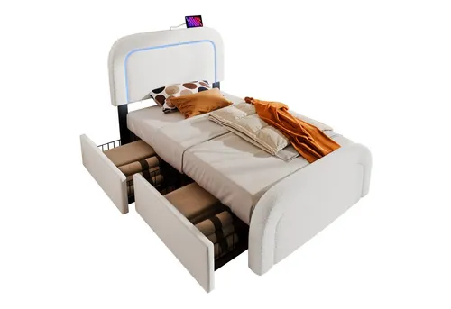 Flieks Polsterbett mit LED und Schubladen 90x200cm - Modernes Polsterbett mit Lammwolle-Bezug, integrierter LED-Beleuchtung und praktischen Schubladen für optimalen Stauraum – ideal für jedes Schlafzimmer.