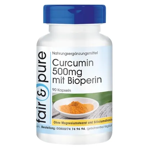 Fair & Pure Curcumin 500mg mit Bioperine, 90 Kapseln, 475mg Curcuminoide pro Kapsel, Nahrungsergänzungsmittel vegan ohne Magnesiumstearat, in Deutschland hergestellt