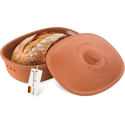 Römertopf Keramik Brottopf - 30x21cm, ideal für frische Aufbewahrung von Brot und Gebäck, atmungsaktiver Ton und optimale Luftzirkulation