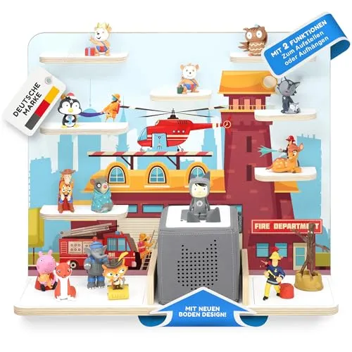 stadtecken Holzregal für Musikbox I Geeignet für die Toniebox und ca. 50 Tonies I Perfekte Tonie Aufbewahrung im Kinderzimmer I Zum Aufstellen oder Aufhängen (Feuerwehr, Groß)