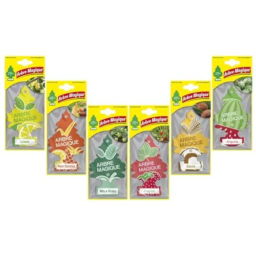 Arbre Magique Auto-Lufterfrischer, Intensiver und Strukturierter Duft, Made in Italy, Packung mit 6 Gemischten Stücke mit Erdbeere, Kokosnuss, Fruchtcocktail, Zitrone, Grüner Apfel und Wassermelone