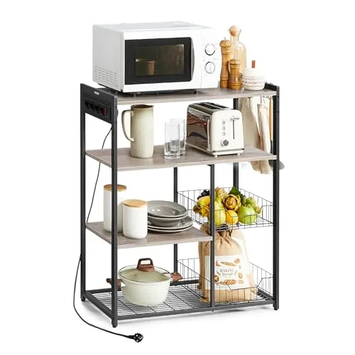 VASAGLE Küchenregal mit Steckdosen und 2 Metallkörben - Bäckerregal im Industrie-Design mit flexibler Steckdosenleiste und stabilen Regalebenen für Mikrowelle und Toaster – ideal für eine ordentliche Küche.
