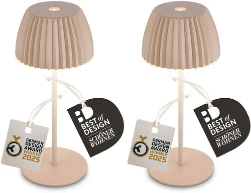Briloner Riffle Mini 2er Set LED Tischlampen - Kabellos und Dimmbar, Beige, Ø8,5 x 20 cm - Prämiertes Design vereint mit Funktionalität: Das 2er Set kabelloser LED Tischlampen bringt stilvolle Beleuchtung in jeden Raum. Dimmbar und spritzwassergeschützt, ideal für drinnen und draußen.