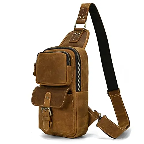 Produktbild newsbirds Herren Echtes Leder Brusttasche Umhängetasche Sport Outdoor Messenger Bag Wanderrucksäcke,9331 Hellbraun