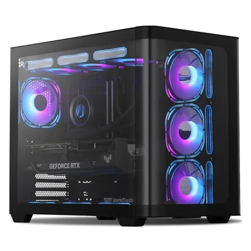 darkFlash ATX Mid-Tower Gaming-PC-Gehäuse, 4 ARGB-Lüfter Computergehäuse, Vollsicht-Glasfront Zwei Kammern PC-Gehäuse, Typ-C, Zwei 360-mm-AIO, Schwarz (DPW90) (ATX-Rücksteck-Plug-in, Schwarz)
