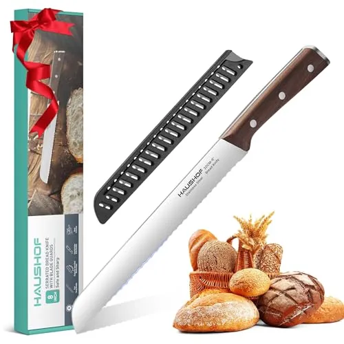 HAUSHOF Brotmesser mit Wellenschliff, Küchenmesser mit Holzgriff aus hochwertigem Edelstahl, Ultrascharfe 20 cm Klinge & Ergonomischer Vollerl-Griff, ideal zum Schneiden von Brot, Bagels, Kuchen