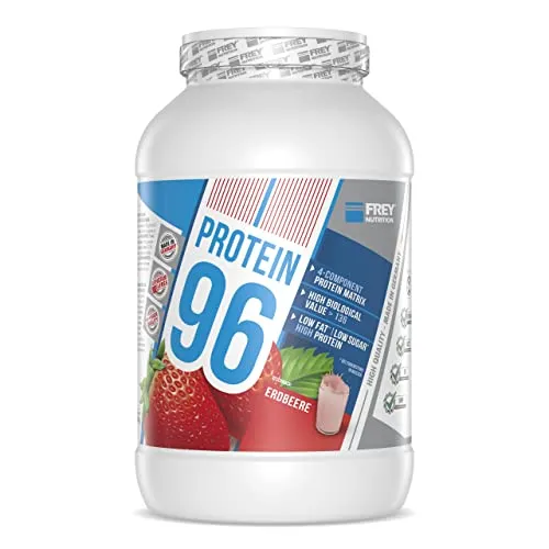 Frey Nutrition Protein 96 Erdbeere 2300g - Sportnahrung mit hohem Caseinanteil, ideal für Muskelaufbau und Regeneration, hergestellt in Deutschland, frei von pflanzlichen Proteinen und künstlichen Vitaminzusätzen.