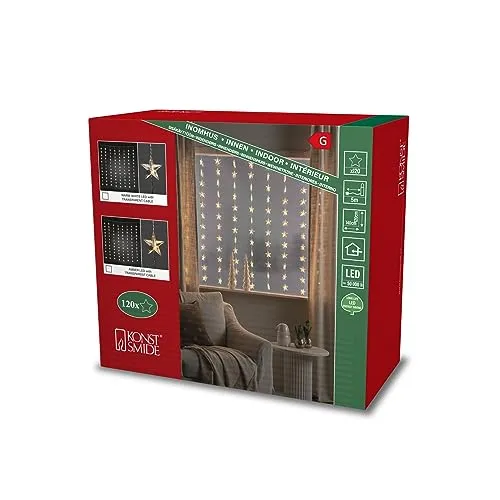 Konstsmide 3703-103 LED Lichter Vorhang Kette mit 120 Sternen - Weihnachtsbeleuchtung, bezaubernder Lichtervorhang mit 120 funkelnden Sternen, ideal für festliche Innenräume und stimmungsvolle Dekoration.