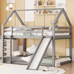 Kinderbett Doppelbett mit Rutsche und Leiter, 140x200cm Grau