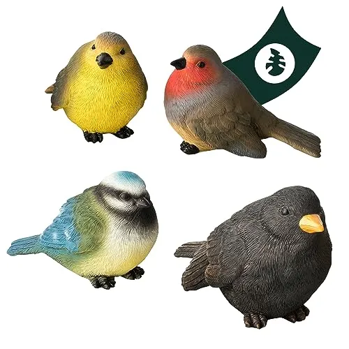 VERDOBA Garten Dekoration - 4 Vögel Deko Figuren aus Kunstharz - Gartenstatuen mit naturgetreuen, wetterfesten Vogel Figuren für Balkon und Garten, ideal zur Verschönerung und als Vogelattrappen.