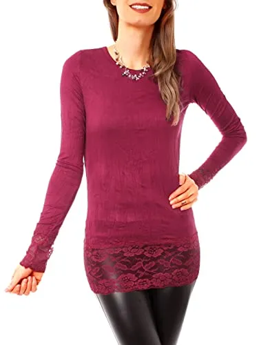 Easy Young Fashion Langarm Longshirt mit Spitzensaum 0998 - Beere M/L