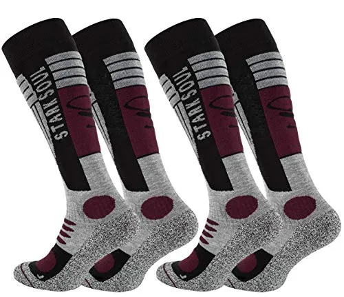 STARK SOUL Ski Funktionssocken, Wintersport Socken mit Spezial Polsterung, 2 Paar (43/46, grau-schwarz-bordaux)