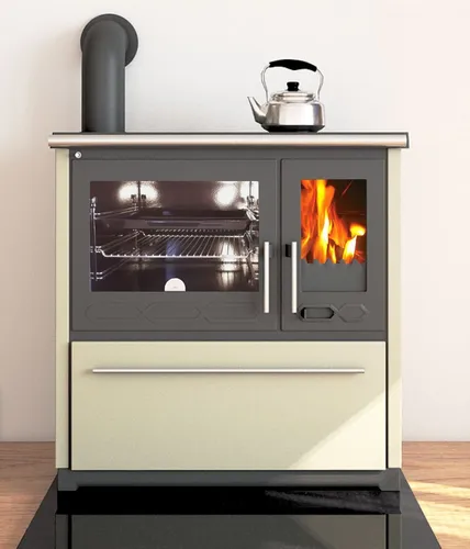 EEK A+ Küchenofen Holzherd Plamen 850 creme, linke Version - Klassischer 8 kW Dauerbrandherd aus Gusseisen, ideal für gemütliche Wärme in jedem Raum. Hohe Energieeffizienzklasse A+ und Ecodesign-zertifiziert.