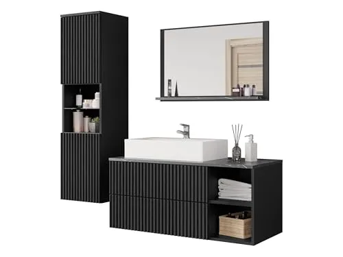 MIRJAN24 Badmöbel Kertos Rillen II - 4er-Set mit Spiegel und Waschbeckenschrank - Badezimmerschränke mit elegantem, grifflosen Design und hochwertiger Marmor-Optik, ideal für modernes Badezimmer.