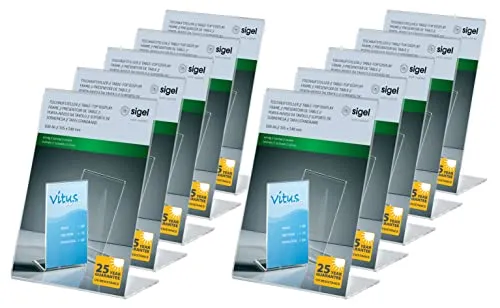Sigel TA214 Tischaufsteller A6 schräg, 10 Stück - Präsentationsständer für Firmen & Büros, aus hochwertigem, kratzfestem Acryl für hohe Stabilität, ideal für Messen und Ausstellungen, 25 Jahre Garantie auf UV-Beständigkeit.