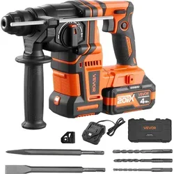 VEVOR Akku-Bohrhammer 13/16 Zoll SDS-Plus, 20 V Meißelhammer Bürstenlos mit Ladegerät & 3 Bohrer & Flachmeißel & Spitzmeißel & Transportkoffer...