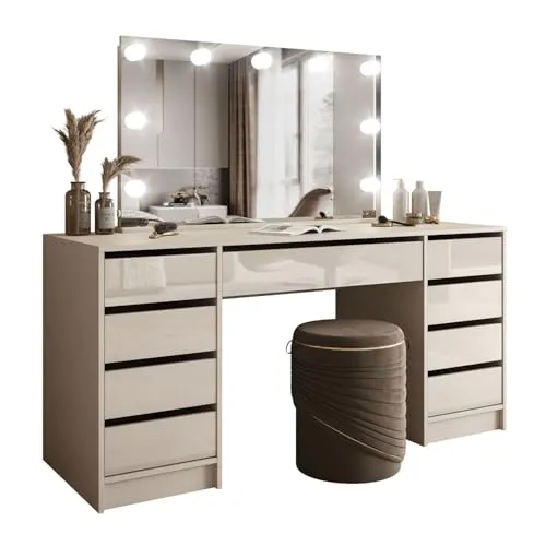 Lookway Schminktisch MADA Elite II mit LED-Spiegel – Elegante Wandmontage in Kaschmir oder Weiß Hochglanz - Schminktisch mit stilvollem Design und praktischen Schubladen, ausgestattet mit einem LED-Spiegel für perfektes Licht beim Make-up.