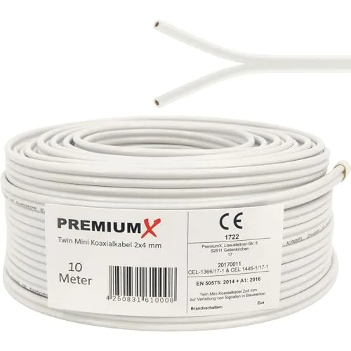 Premium X 10m Sat Koaxialkabel Twin Mini 2 x 4 mm Weiß - extra dünn & 2-Fach geschirmt - platzsparendes TV Antennenkabel für SAT | DVB-T | Twin Receiver - Ultra HD 4K 3D