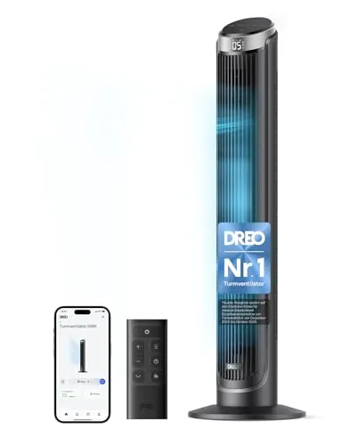 DREO Smart Turmventilator – Leise & Oszillierend für Schlafzimmer - Erleben Sie erfrischenden Wind mit bis zu 7.9 m/s! Der DREO Turmventilator bietet 5 Stufen, 4 Modi und ist ideal für ruhige Nächte. Steuern Sie ihn bequem per App oder Sprachbefehl für individuellen Komfort.