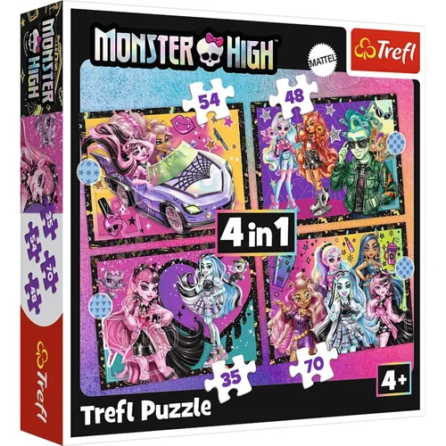 Trefl 34655 - Aufregender Tag Monster High 4in1 Puzzle Set, 4 Puzzles von 35 bis 70 Teilen für Kinder ab 4 Jahren, fördert Phantasie und Lernspaß