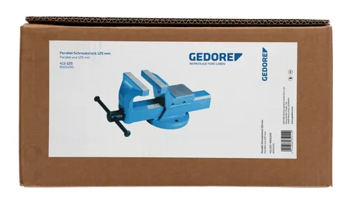 Gedore Blau 411-125 Parallel-Schraubstock 125 mm - Hochwertiger Schraubstock mit 125 mm Spannweite, ideal für präzises Arbeiten in der Metallbearbeitung.