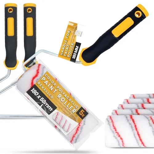 5x Instalguru Malerrolle Farbroller 18 cm 8x58 mm Polyacryl Streichrolle Malerwalze Farbwalze Lackroller Ersatzrolle mit 2x Griff Streichen Malen Renovierung für Farbe Lackier
