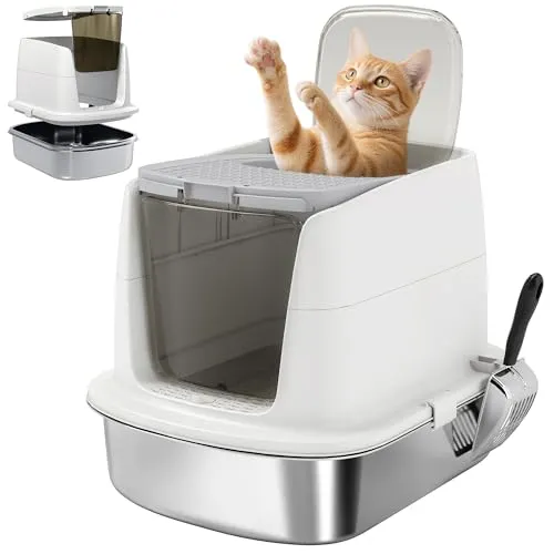 PawHut Katzenklo Edelstahl mit Deckel - Katzentoilette aus Edelstahl mit integriertem Streufilter und Desodorierungstasche, hygienisch und leicht zu reinigen, ideal für Katzen bis 5 kg