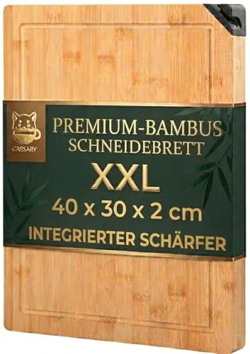 Schneidebrett Holz XL mit integriertem Messerschärfer. Multifunktionales Holzbrett für Küche zum Schneiden und Hacken von Fleisch, Wurst, Käse, Brot... Schneidebrett für die Küche aus Bambus