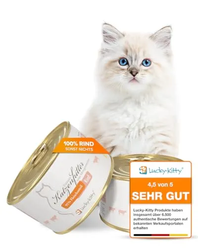 Lucky-Kitty Katzenfutter Nass Rind - 95% Fleisch in Lebensmittelqualität - Hochwertiges Nassfutter für Katzen mit 95% Rind, ohne Getreide und Zucker. Ideal für wählerische Katzen und ernährungssensible Tiere. Regionales Fleisch in eigener Brühe für artgerechte Ernährung.