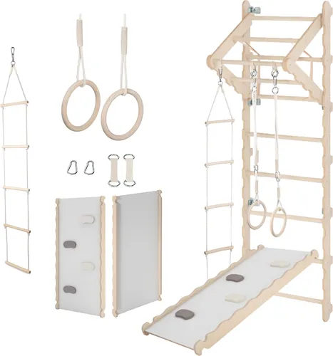 MAMOI® Klettergerüst Indoor, Sprossenwand für kinderzimmer mit Rutsche, Turnringe kinder für klettern, Kletterwand und spielgeräte, Turngeräte mit Klimmzugstange für drinnen, Sportgeräte ab 3 jahren