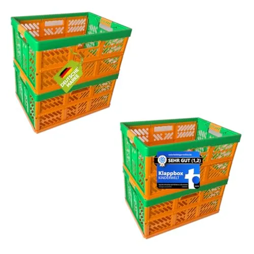 KiNDERWELT 4 x Profi-Klappboxen orange mit Soft-Touch Griffen - Stabile Klappboxen aus hochwertigem Kunststoff, belastbar bis 50 kg. Platzsparend faltbar und ideal für Transport und Aufbewahrung im Büro, zu Hause oder unterwegs.