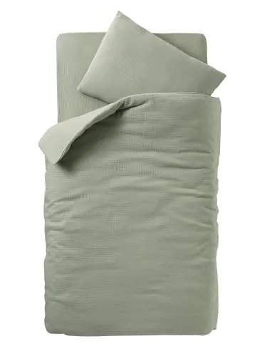 VERTBAUDET Baby-Bettwäsche, Bettbezug und Kissenbezug, einfarbig, aus Bio-Baumwollegaze, Salbeigrün, 100 x 120 cm, 40 x 60 cm