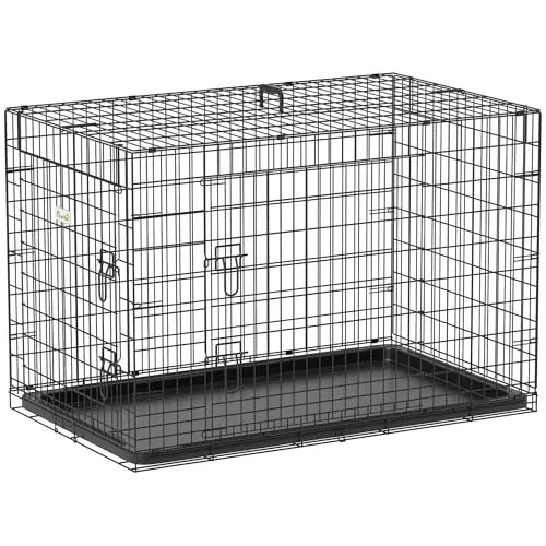 PawHut Hundekäfig Transportkäfig Drahtkäfig Hundebox Transportbox Reisebox mit 2 Türen Schwarz 91x61x67 cm