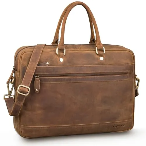 ROYALZ 'Charleston' Echtleder Aktentasche Herren/Damen Umhängetasche Leder groß modern - Business Laptoptasche 14-15.6 Zoll Ledertasche als Henkeltasche Schultertasche, Farbe:Nevada braun