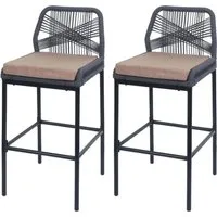Proregal 2er-Set Rope-Barhocker HxBxT 101x45x52 cm Sitzhöhe 76cm Anthrazit Kissen Taupe Outdoor Sitzpolster Seilgeflecht Metall