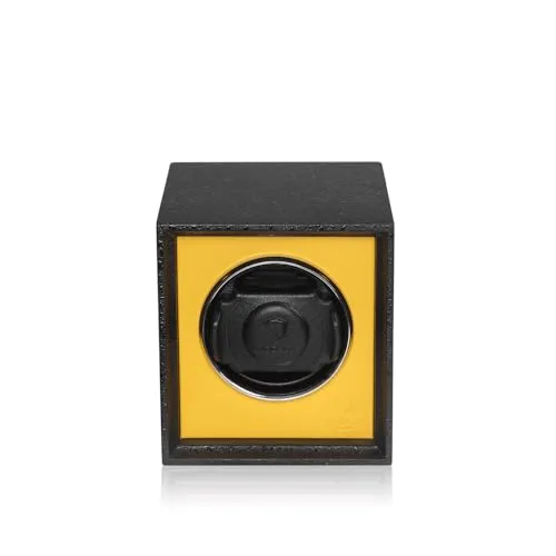 MODALO Twist Uhrenbeweger Automatik für 1 Uhr/Watch Winder – leiser Motor, 900 TPD, Massivholz & Leder, Kratzfeste Oberfläche, für Herren und Damen (Mattschwarz Gelb)