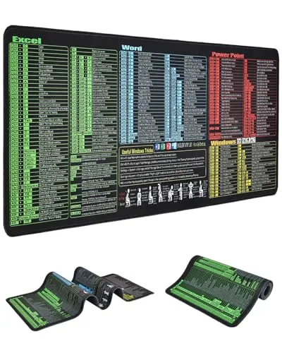 Großformatige Schreibtischunterlage mit Excel-Kurzbefehlen Tastaturkürzeln | Wasserdichte Büro Gaming Mousepad, Rutschfest, Vernähte Kanten für Word/Outlook/PowerPoint