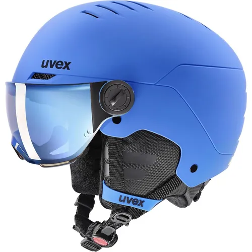 Uvex Rocket Jr Visor Skihelm für Kinder, blue matt - Robuster Skihelm für Kinder mit einstellbarer Passform, ideal für Wintersport. Schützt den Kopf sicher und komfortabel in der Größe 51-55 cm.