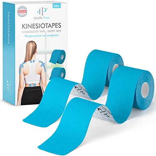 Health Press Kinesiotapes – 2 Rollen Kinesiologie Tape Sport Blau + Blau (5cm x 5m) – Kinesiotape – Profi Physio Tape und Sporttape – Hautfreundliche Tapes DERMATEST: SEHR GUT