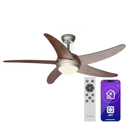 Klarstein Bolero Smart Deckenventilator - Ventilator mit 132 cm Spannweite, energiesparendem DC Motor und smarten Funktionen für individuellen Komfort – steuerbar per Fernbedienung oder App.