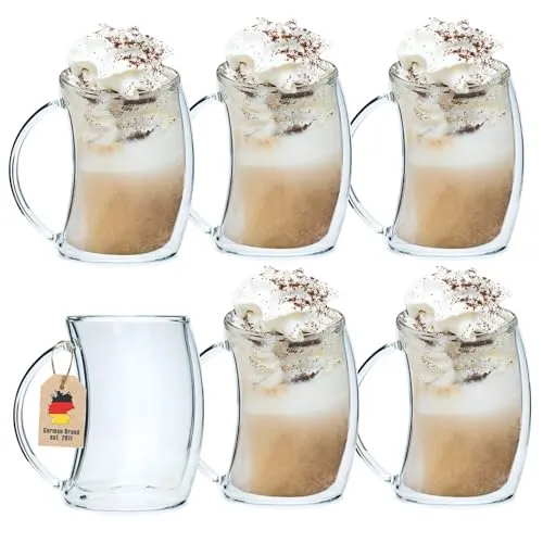 INTIRILIFE 6x Doppelwandiges Thermo Glas - gebogener Style - 200ml Füllmenge -Tassen Set 6 Stück - Schwebeeffekt, Mundgeblasen isoliert für Latte Macchiato, als Teeglas oder Kaffeeglas mit Henkell