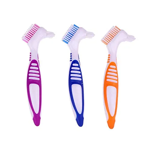 Stück Premium Gebissreinigungsbürsten-Set mit mehrschichtigen Borsten und ergonomischem Gummigriff, tragbare doppelseitige Gebissbürste für die Reinigung falscher Zähne (3 Farben) 3