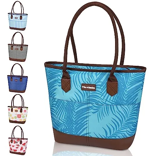 Kato Tirrinia Faltbar Kühltasche Groß mit Wasserdichte Isolierte 20L, Gross Einkaufstasche Isoliertasche Tote Tasche mit Reißverschluss, Ideale Thermotasche Picknicktasche Lunchtasche, Blaues Blatt