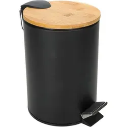 Tretmülleimer mit Bambusdeckel, Abfallbehälter, Kosmetikeimer aus Metall mit herausnehmbaren Kunststoffeinsatz, Tragegriff, für Küche, Bad, WC,... - Schwarz