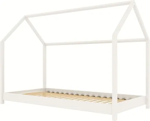 WFL GROUP Kinderbett Haus Weiß 90x200 cm – Hausbett Holz Montessori für Jungen und Mädchen – Skandinavisches Design – Ohne Matratze