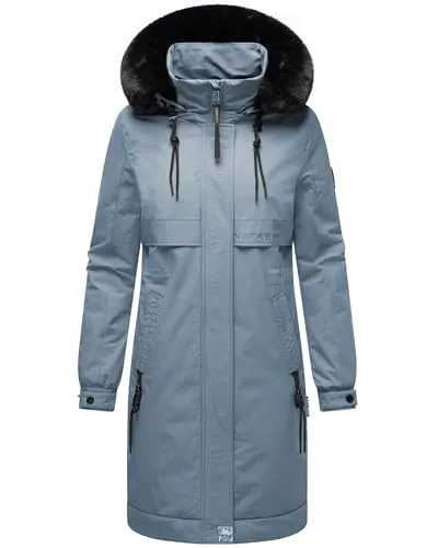 Navahoo Damen Mantel Lange Winterjacke mit abnehmbarer Kapuze und Kunstfell 3XL Stormy Blue - Funktionsjacken, stylischer und funktionaler Wintermantel mit wasserabweisendem Material und verstellbarer Kapuze für optimalen Schutz bei kaltem Wetter.